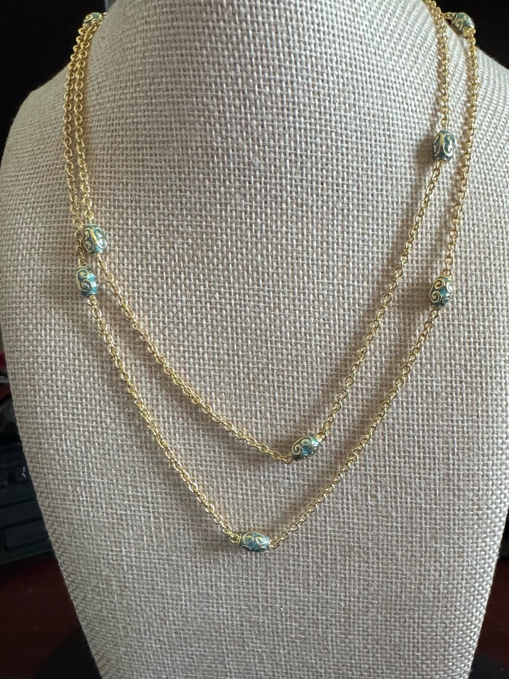 Lauren G Adams Gold Tone Necklace 10 Cloisonné Gold & Turquoise Station Accents